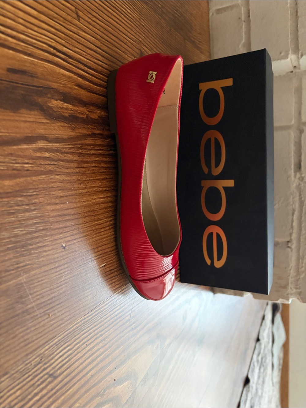 bebe Red Patent Leather Ballet Flat with Gold Logo